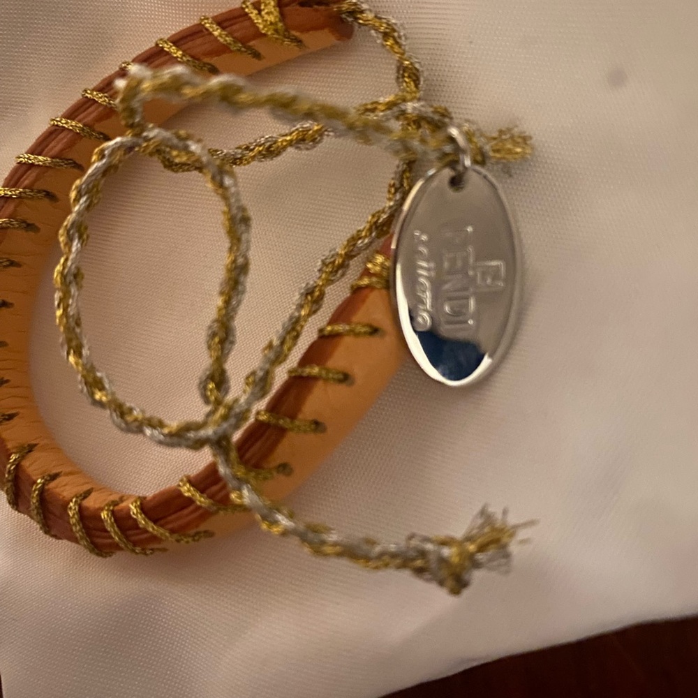 Fendi Selleria Tan Leather Bracelet with Gold/Silver Cord and Silver Logo